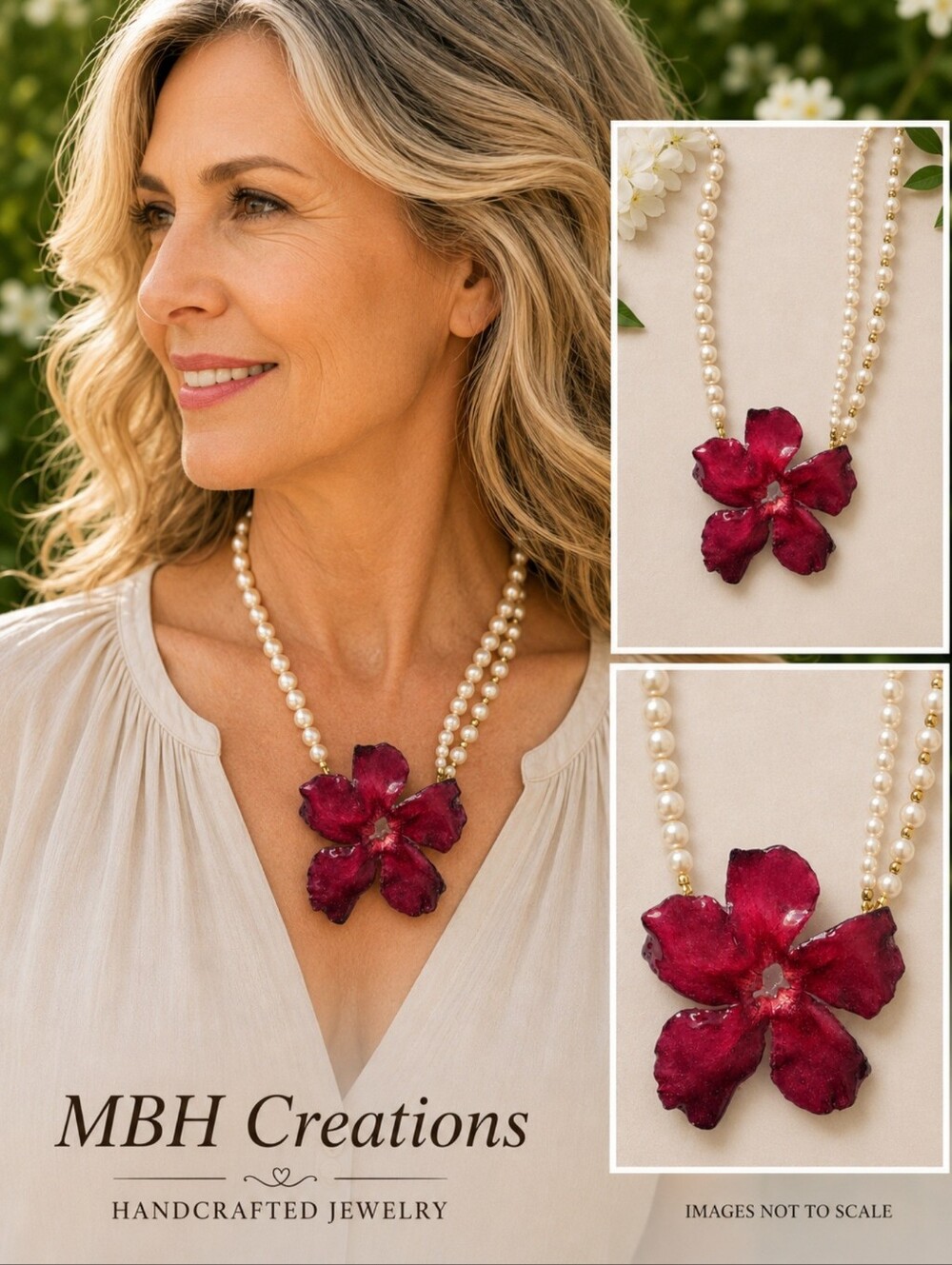 #407 HAND CRAFTED Necklace handcrafted Flower Resin Red Glasd Pearls